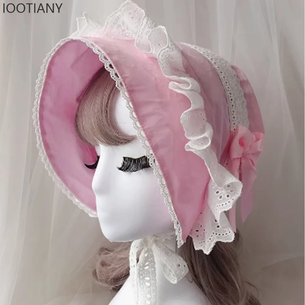 

IOOTIANY Japanese Cute Women's Lolita Hat French Retro Pastoral Victorian Style Cotton Lace Pink Mop Hat Cosplay Accessories