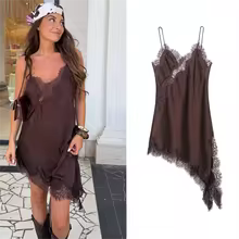 Cami Tops Black Lace V Neck Patchwork Sleeveless Y2K Style for Women - Long Brown Top