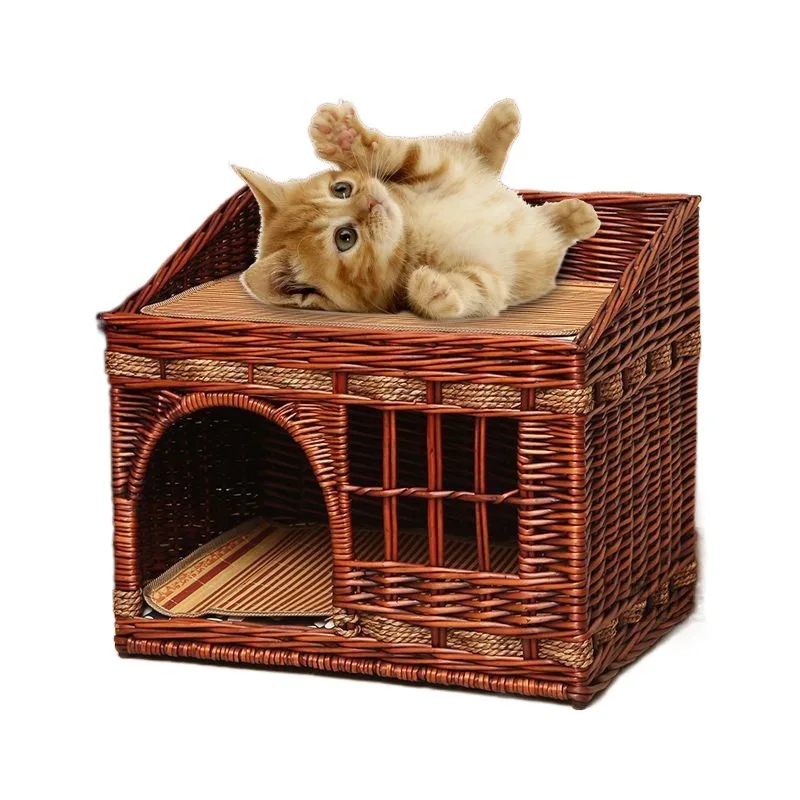 Cat nest universal in all seasons summer cool nest rattan cat nest cat cage house villa double floor