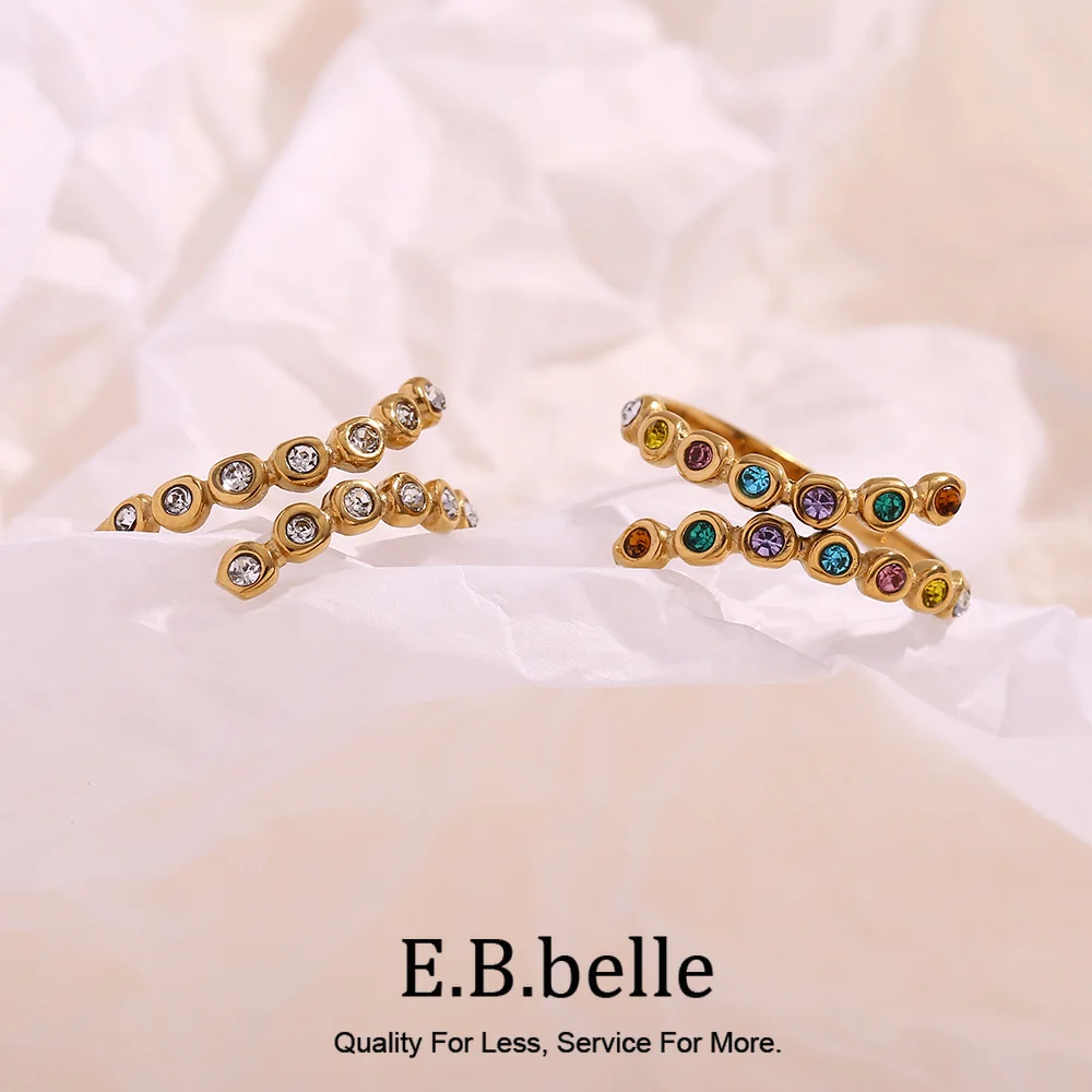 E.B.belle Cross Opening Rhinestone Ring Hypoallergenic 18K Gold Plated Ring 316L Stainless Steel Decoration