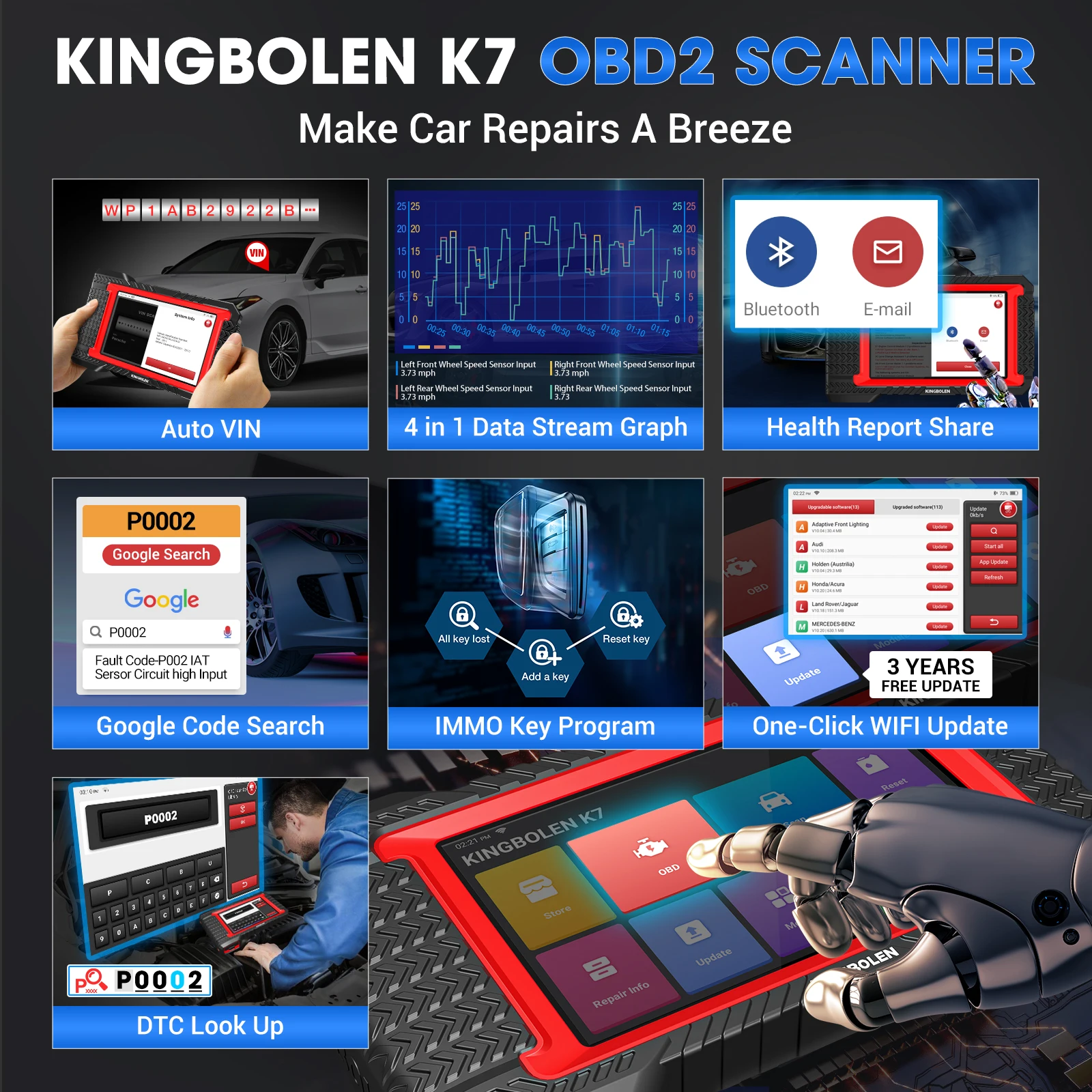 [Lebenslange kostenlose Updates KINGBOLEN K7 CANFD Global Version] 7-Zoll-Diagnosegerät für erweiterte Steuergerätecodierung, aktiver Test, 28 Resets, deutsche Fahrzeuge, automatische VIN-Prüfung, OBD-Scanner – Detail 9