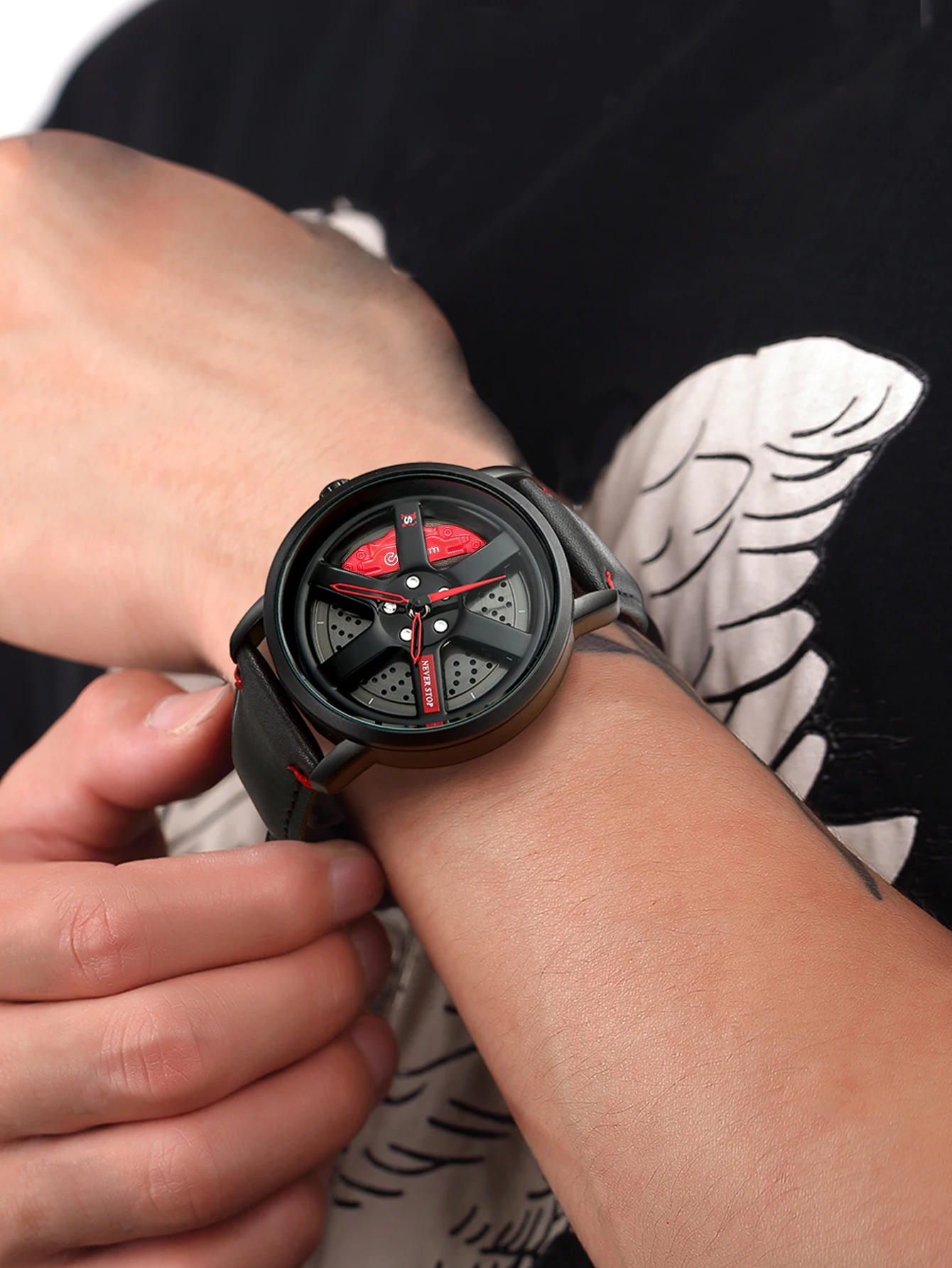 NS Men\'s Car wheel hub watch Minimalist Fashion Sports Watch Calendar Leather casual Quartz watch