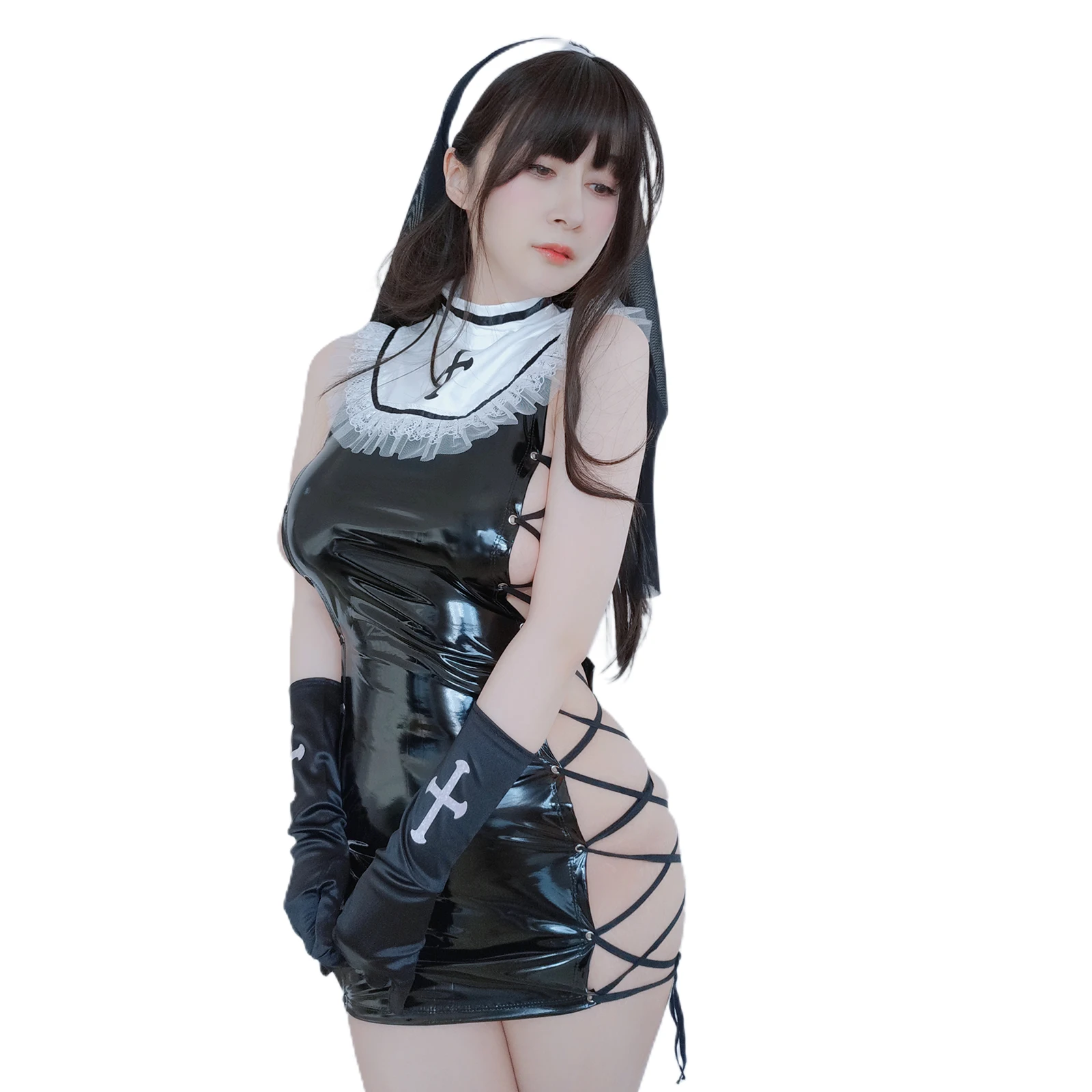 

SENMHS Sexy Patent Leather Nun Lingerie Clubwear Temptation Roleplay with Adjustable Side Ties, Includes Glasses and Gloves