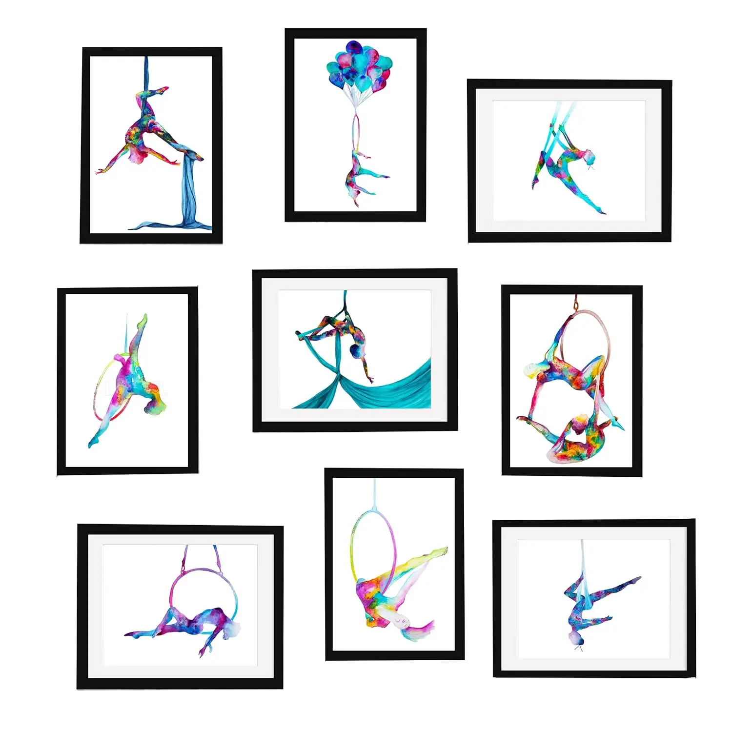 

Aerial Silks Hammo Hoop Lyra Yoga Set Of 9 - Aerial Yoga - Silk Yoga Print Watercolor Painting 5""X7"" - Aerialist Gift - Hoop