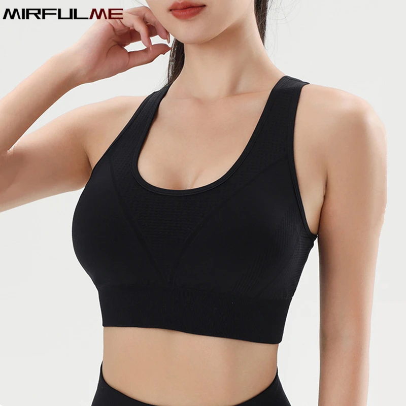 Women Sport Bra Embossed Yoga Underwear High Impact Shockproof Brassiere Padded Running Tank Tops Quick Dry Gym Fitness Vest Top