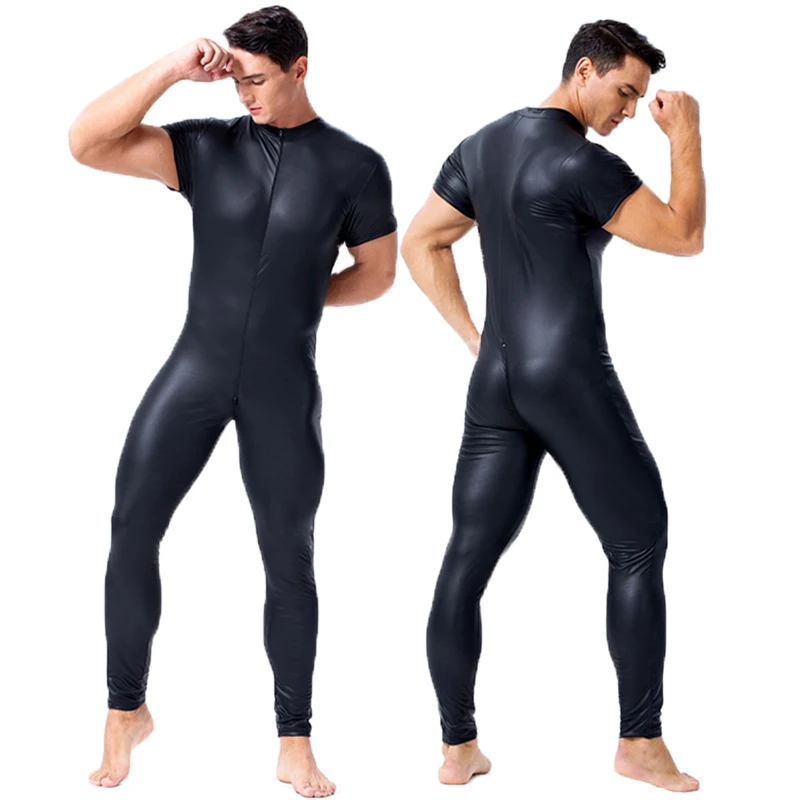 

PU Leather Men Sexy Bodysuit Faux Latex Male Erotic Jumpsuit Club Stage Costume Gays Sex Lingerie Adult Products Wetlook Catsuit