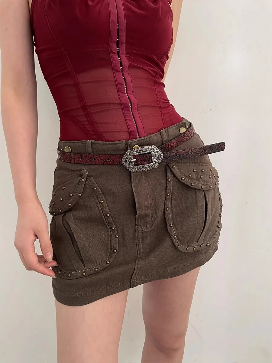 N Retro Belt Female 2024 New INS Style Korean Version Of Jeans Belt Red Brown Design Feeling Belt