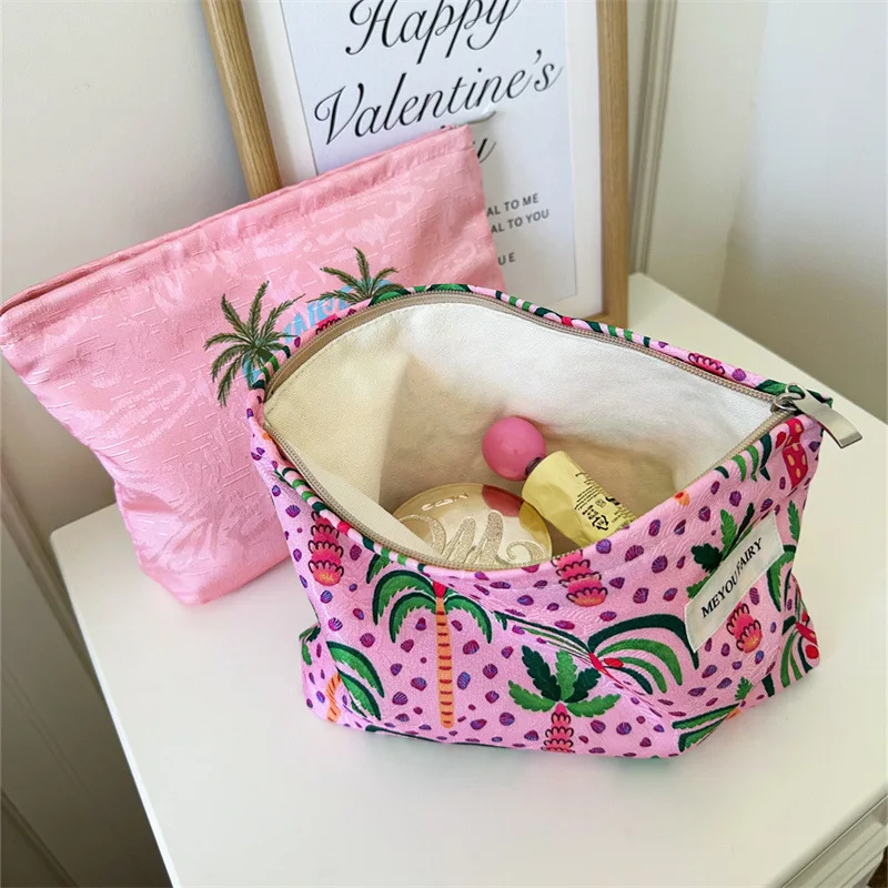 Tropical Coconut Tree Print Makeup Bag Large Capacity Travel Toiletry Pouch Portable Handheld Storage Organizer for Women Girls