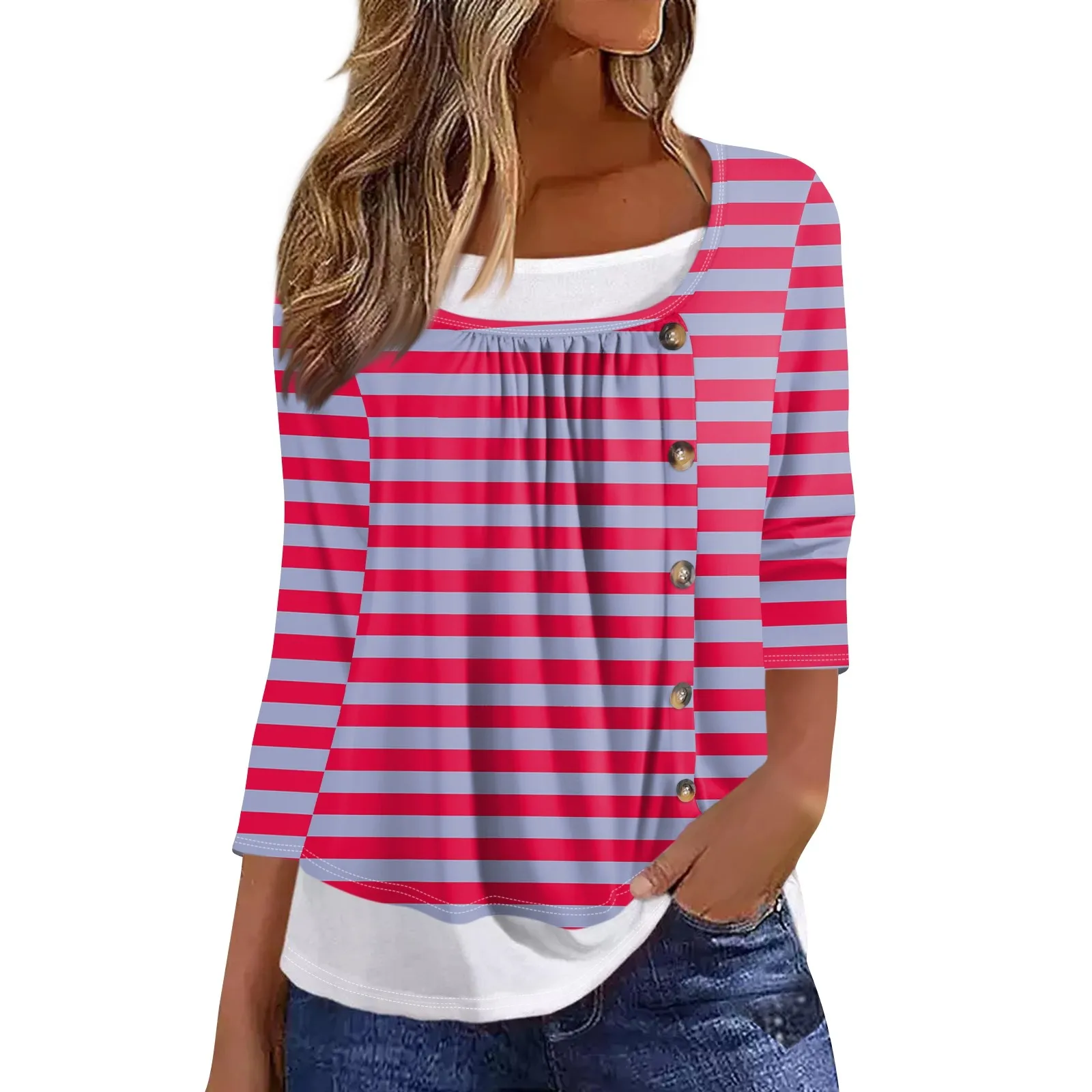 T-Shirt 3/4 Sleeve Round Neck Fake Two Pieces Daily Weekend Fashion Basic Regular Top For Women Striped Loose Ropa De Mujer