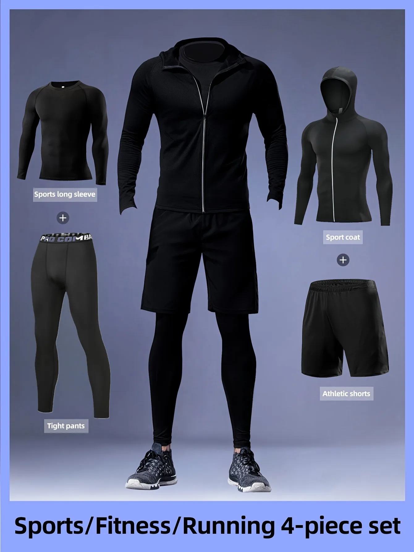 

4-piece men's sportswear: quick drying stretch hoodie, shorts, and leggings - perfect for running, basketball training