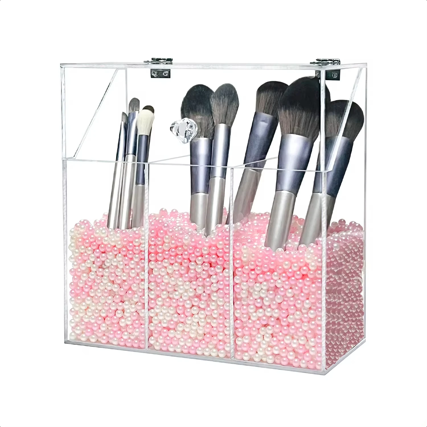 

Acrylic Makeup Brush Holder with Lid Clear Cosmetic Brush Container Box Large Capacity 3-Slots Container Brushes