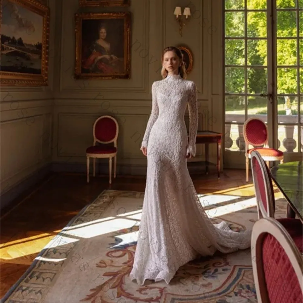 Customized Retro Palace Style Large A-line Canopy, Stand Up Collar, Semi Transparent Lace Long Sleeved Wedding Gown