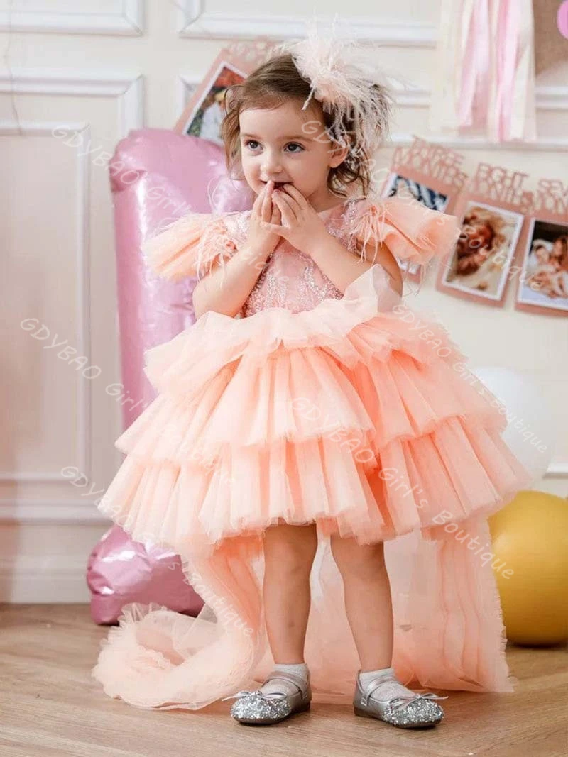 ชุดเดรสวันเกิดเด็กผู้หญิงสีชมพูพร้อมกระโปรงแบบถอดได้ ระบายแบบอสมมาตร ผ้าทูลล์ แขนสั้นแบบหมวก ชุดเจ้าหญิงสำหรับเด็กผู้หญิง  แบบสั่งตัดได้