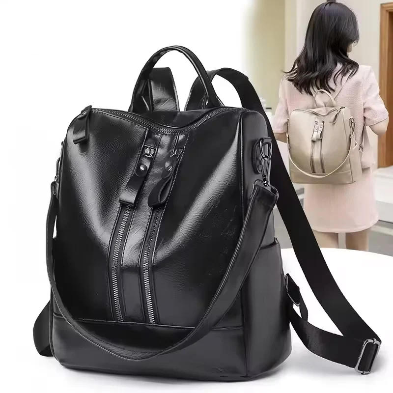 2Pcs Leathe Backpack for Women Anti-theft Bookbag Purse Fashion Casual Large Shoulder Handbag Women PU Leather Backpack