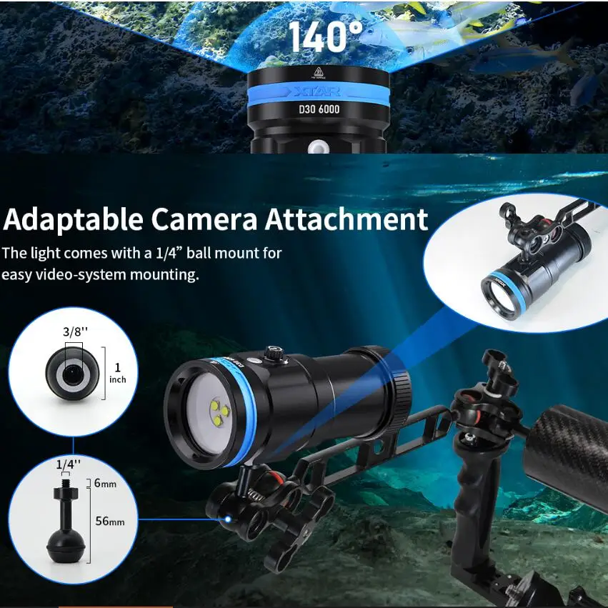 XTAR D30 6000 Lumens Professional Diving Flashlight Super Bright Waterproof IP68 Diving Light Include 4x 3600mAh Li-ion Battery