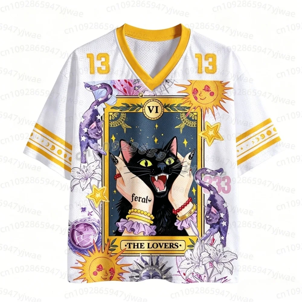 2026 JAPANESE Couple Tarot Black Cat No. 13 Jersey with Mysterious Sun and Moon Print Purple Mesh V-neck men women T-shirt view 4