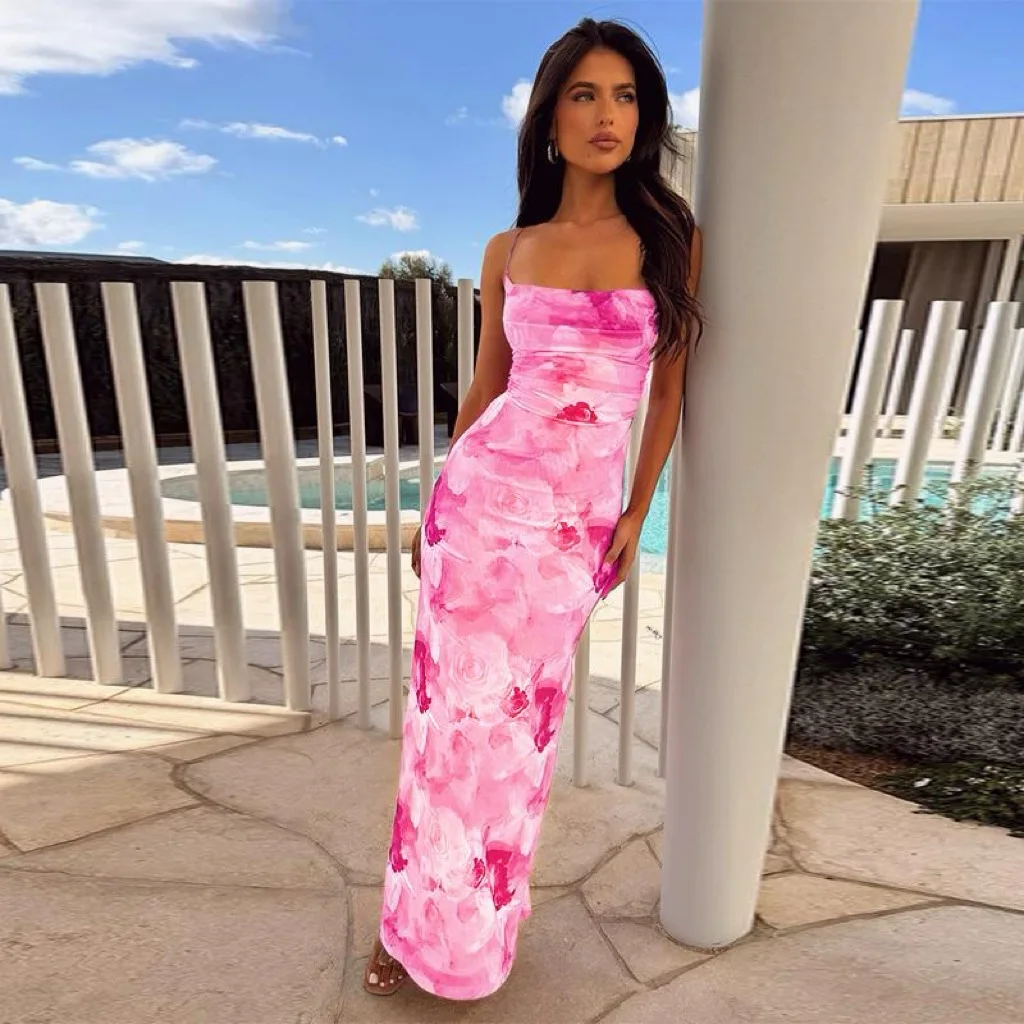 Summer  Temperament Waist Hip Skirt European and American Style Printing Suspender Dress 2025 New