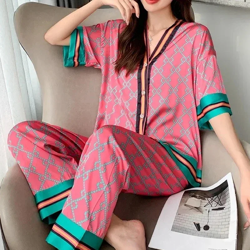 Rose Red Printing Pajama Sets Spring Summer Satin Silk Thin Pajamas Short Sleeves Long Pants Women Sexy Homewear Sleepwear Soft