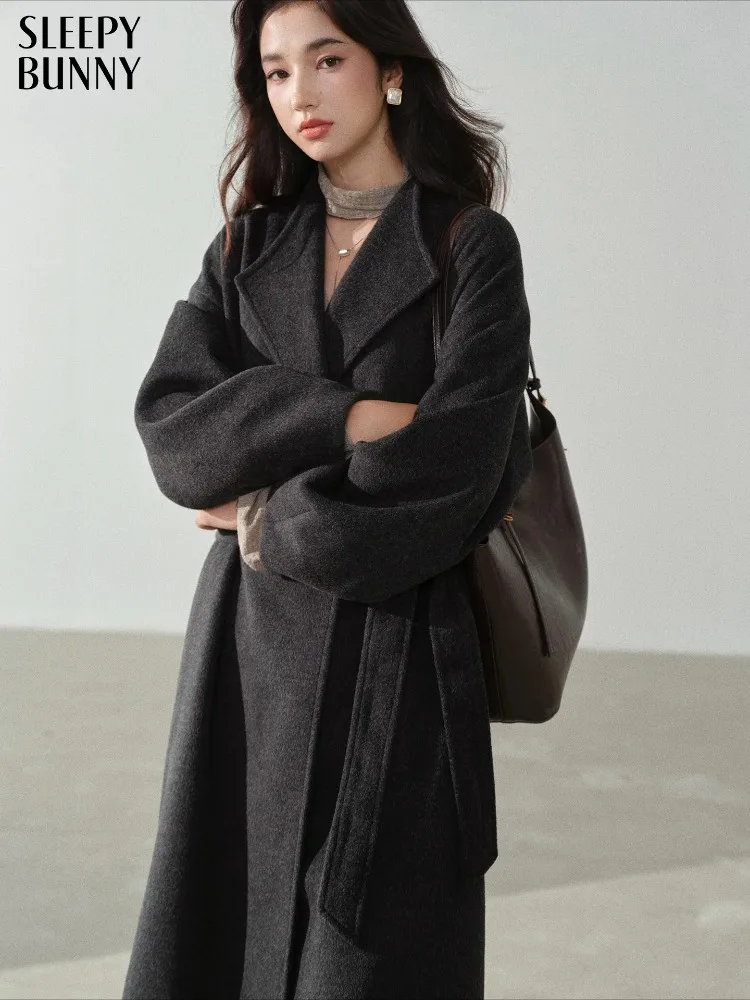 

Vintage Lapel Long Coat Grey Raglan Sleeve Overcoat Women Autumn Loose Fit Outerwear Elegant Minimalist Casual Fashion Jacket