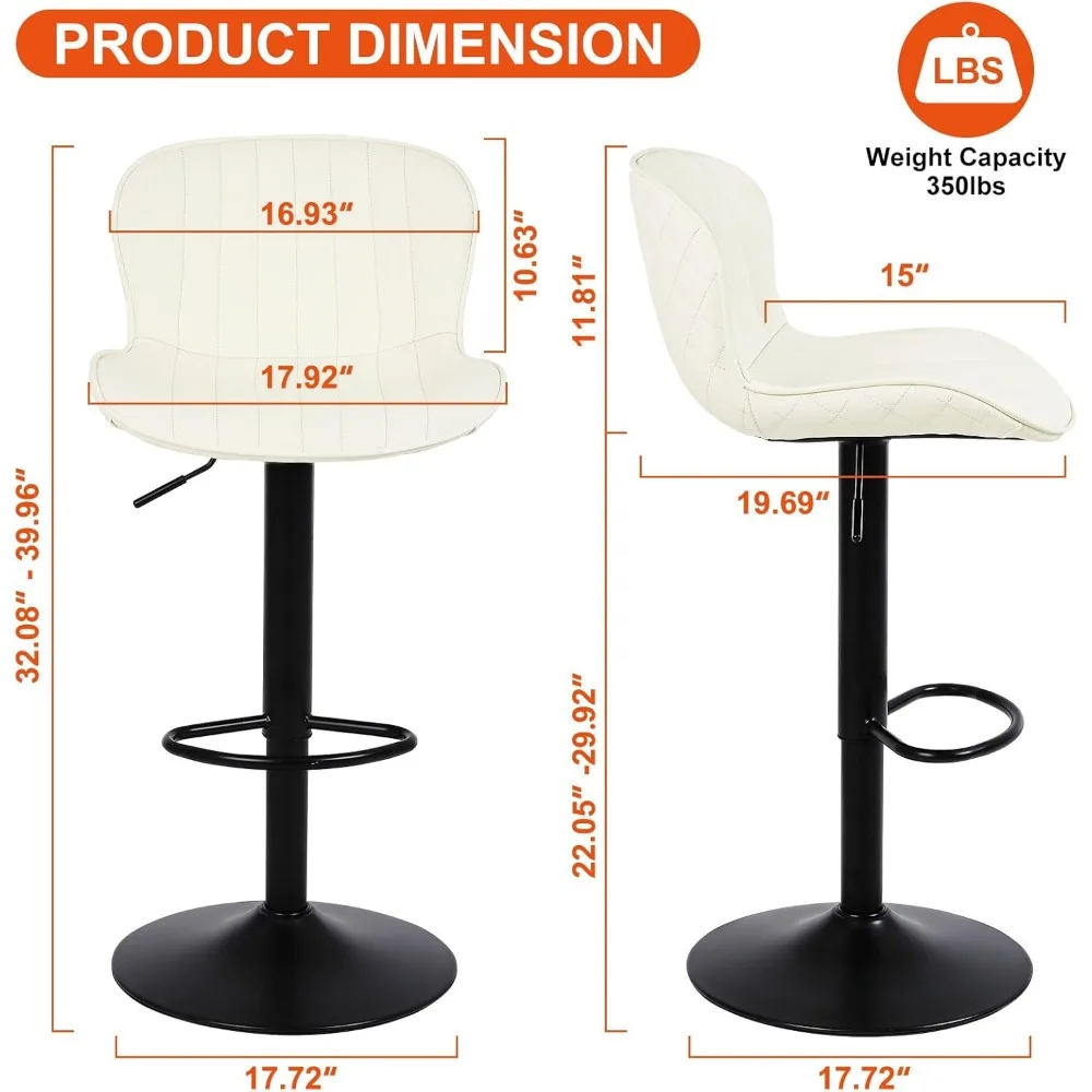 Bar Stools Set of 2, Leather Counter Height Barstools with Back, 17.72" Large Base, Height Adjustable, Swivel, Bar Stools