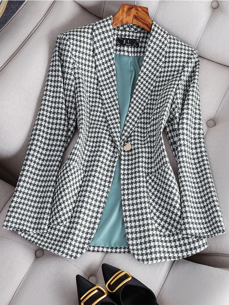 

Зеленый, синий, коричневый клетчатый повседневный женский пиджак, женская модная женская куртка с длинным рукавом