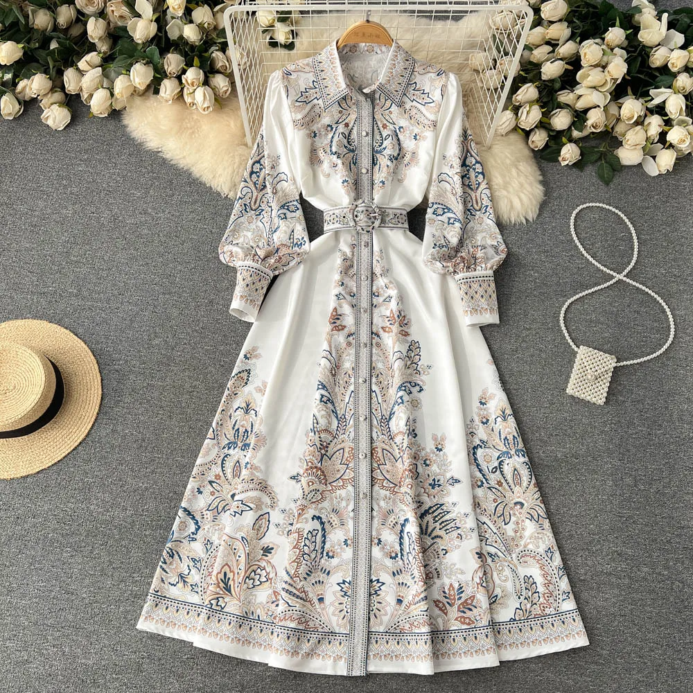 

Dress Women Long Dresses A Line Vestidos Lantern Sleeve Single Breasted Floral Print Elegant Splice Y2k Party High Waist Work