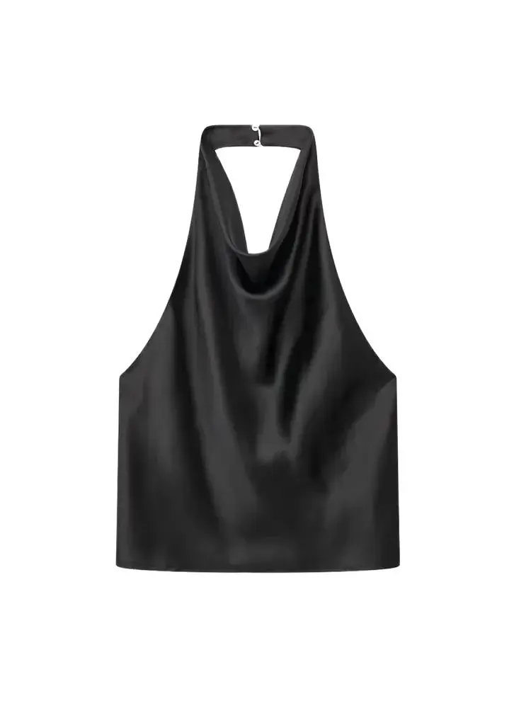 TRZA Women Fashion Satin Flowing Halterneck Tank Tops Sexy Backless With Button Female Camis Mujer image 4