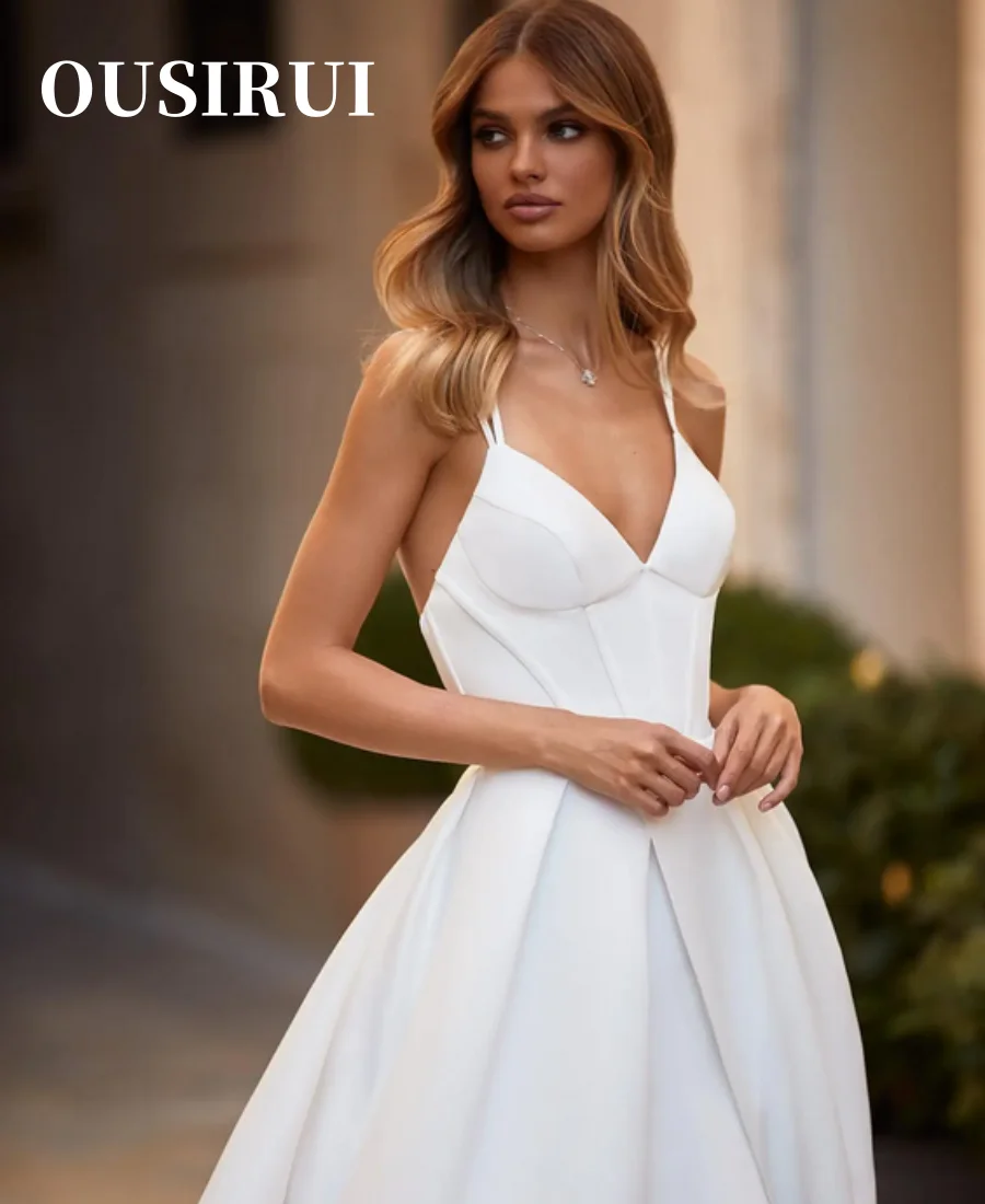 OUSIRUI-Side fenda V-Neck cetim vestidos de casamento, nupcial cintas de espaguete, praia crescidos, vestidos de noiva, alta qualidade, crescido, 2024