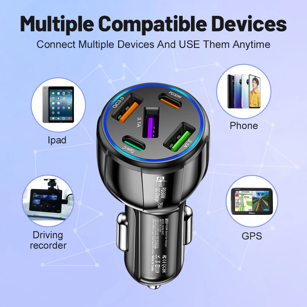OLAF 5 Port 75W USB Car Chargers Type C Car Charger Fast Charging PD QC3.0 Phone Charger in Car For iPhone Xiaomi Huawei Samsung image 6