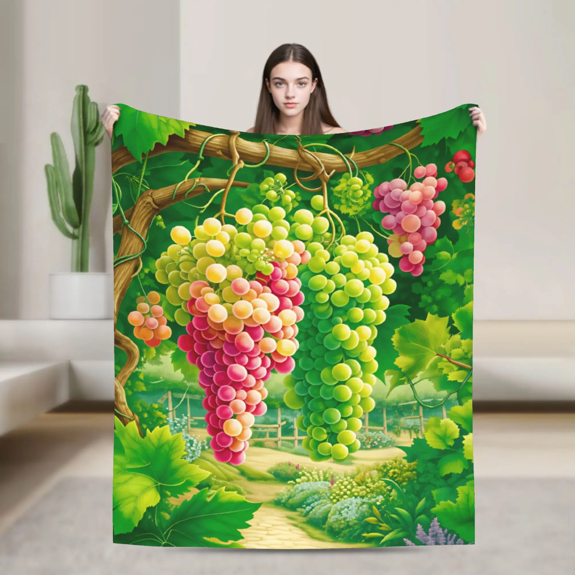 Colorful Grape Vine Path Garden Cartoon Illustration Blanket Spring  Warm Cozy Throw Blanket Bed Flannel Bedspread Bed Cover