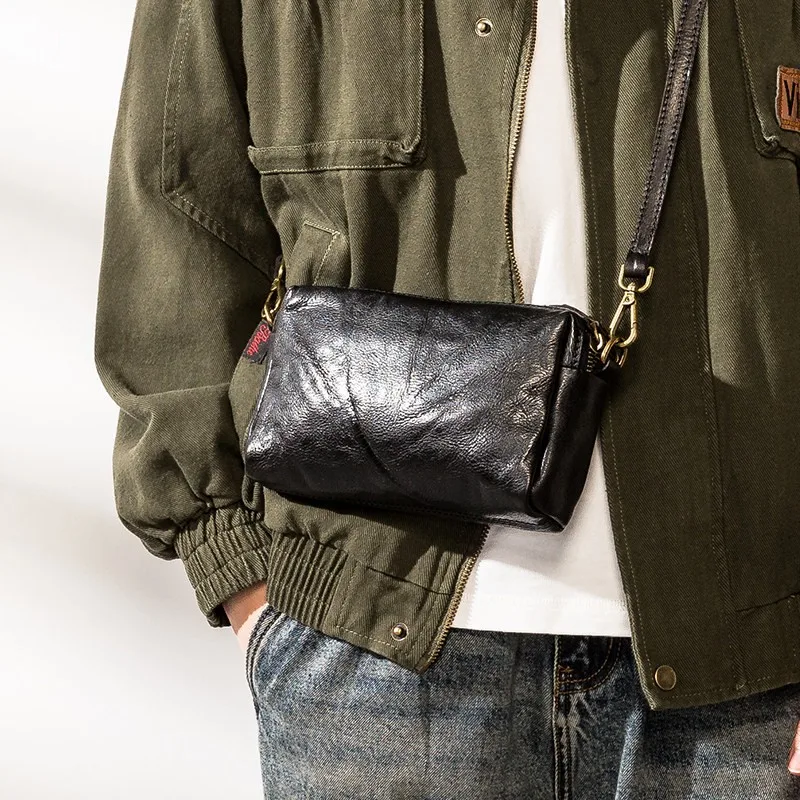 Vintage Top Layer Leather Mini Crossbody Bag for Men Genuine Leather Durable Shoulder Phone Purse Zipper Adjustable Sling Bag