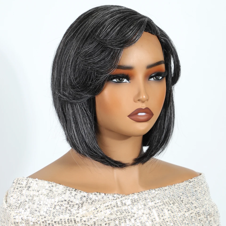 

Rebecca Fashion Short Side Part Grey Salt & Pepper Bob Wigs Straight Black Grey Hair Wig Human Hair Natural Looking Mom Wigs