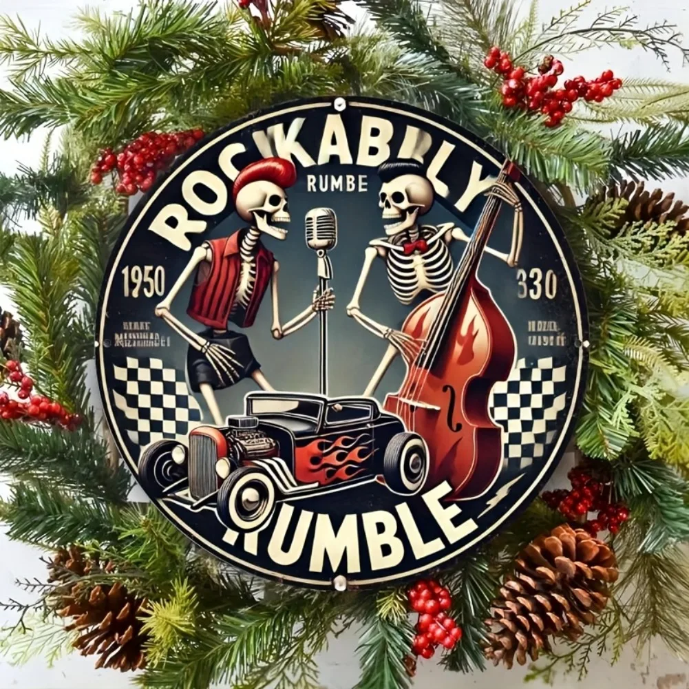 Vintage Rockabilly Rumble Skeleton Musicians & Hot Rod Car Round Metal Tin Sign – 2D Flat Products Design with Enhanced Depth &