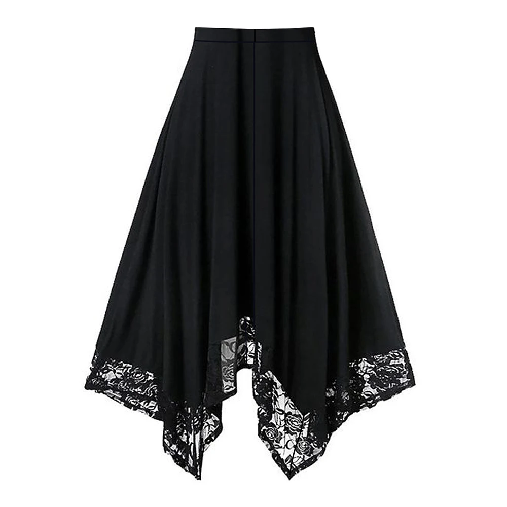 Gothic Black Skirt Women's A-Line Skirts Retro Irregular Lace Patchwork Hem Elastic Waist Half Skirts Femme Halloween Streetwear