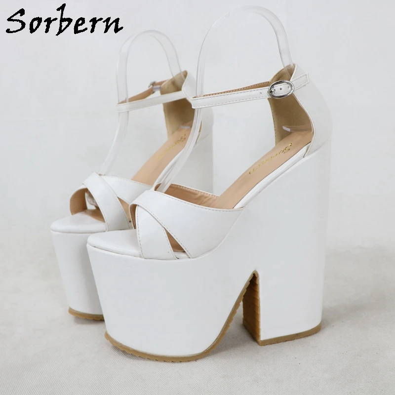 Sorbern White Matt Slingback Women Sandals Block High Heel Summer Shoes Ankle Strap Wide Cross Strap Female Shoes Custom