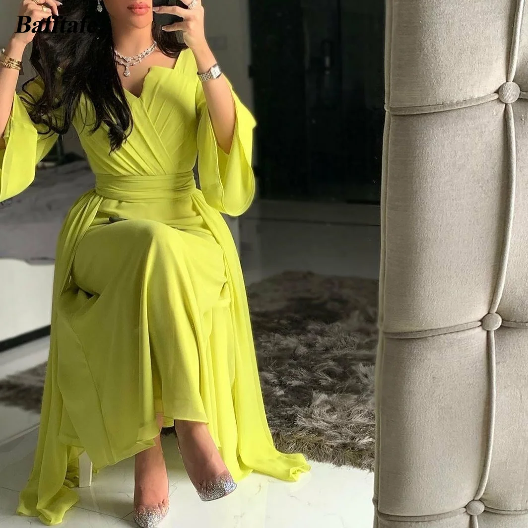 

Bafftafe A Line Chiffon Dubai Women Prom Dresses Long Sleeves Saudi Arabia Pleated Evening Party Dress Formal Occasion Gowns