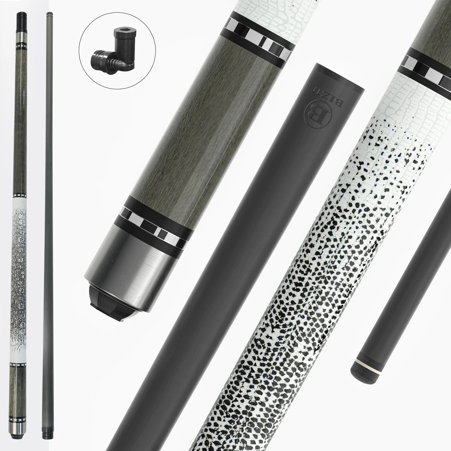 

BIZU pool cue 3/8*8 carbon fiber shaft, European butt,12.5mm tip, Black technology，shaft and butt，billiard pool cue