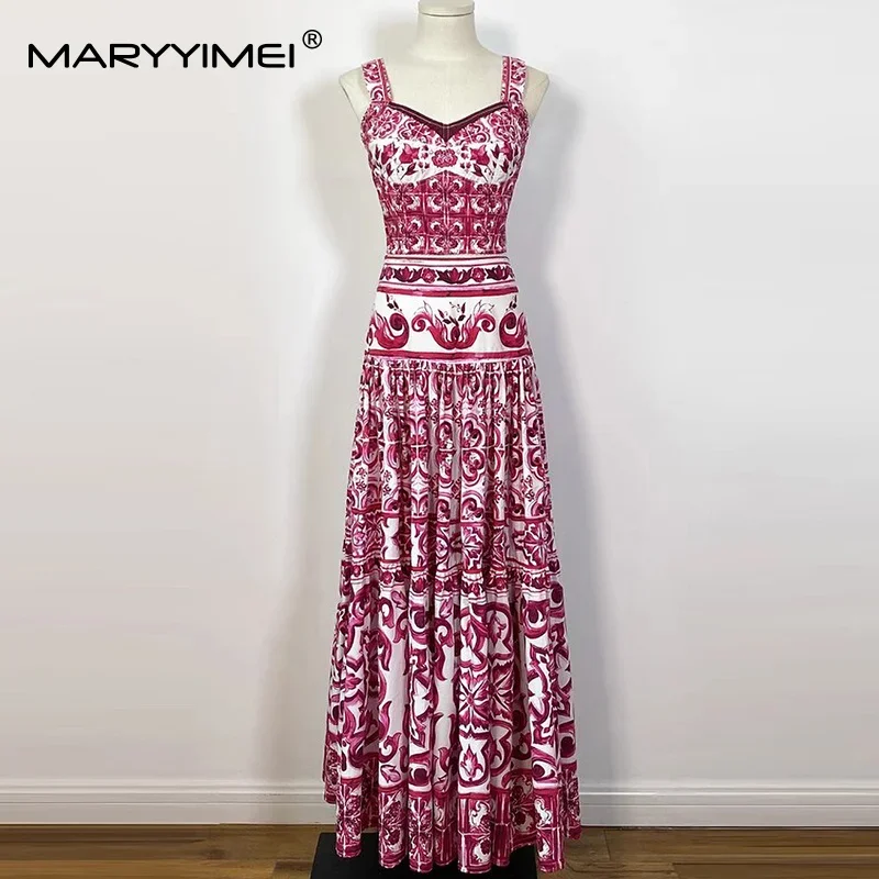 

MARYYIMEI Summer Women Suit Sweetheart Neck Spaghetti Strap Short Tops+Fashion Big Swing Skirt Baroque print Cotton 2-piece set