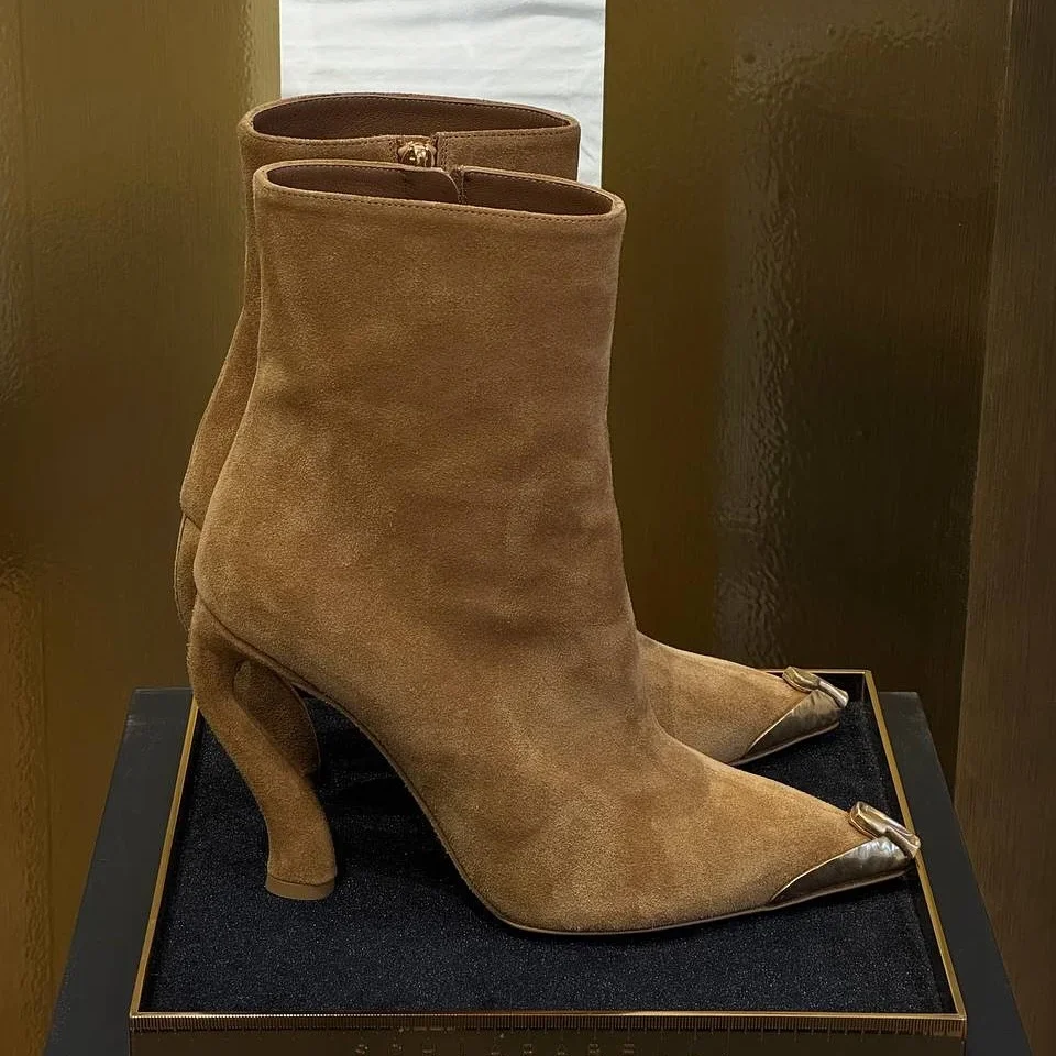 

Concise Suede Leather Women's Modern Boots Spring New Pointed Toe Sewing High Heel Zipper Short Boots Warm Ankle Botas Mujer