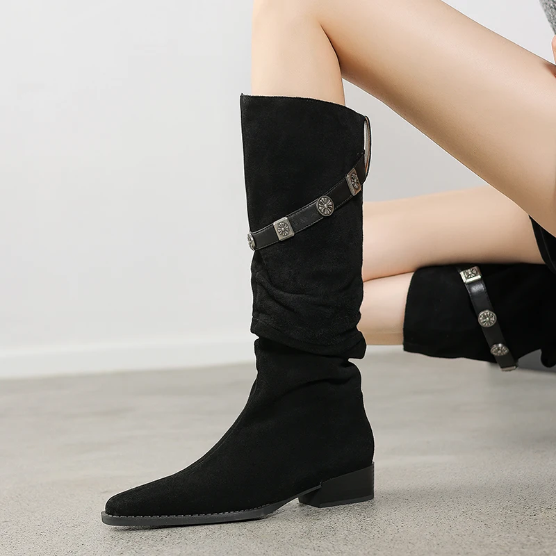 Autumn Women Boots Solid Cow Suede Pleated Boots Winter Women Shoes Elegant Long Knee-high Boots Genuine Leather Chelsea image 6