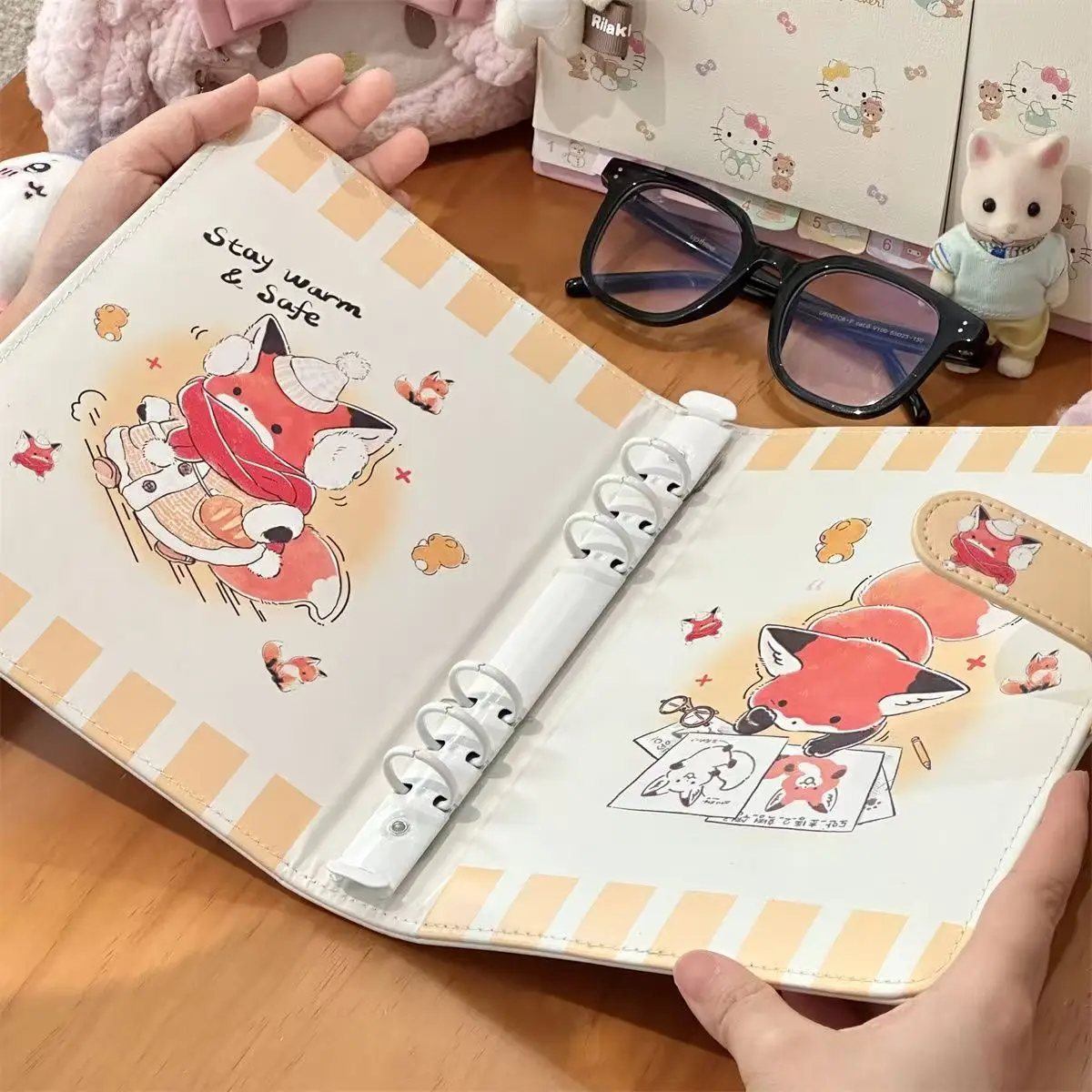 Little Fox Card Album Magnetic Closure A5 Four Grid Loose Leaf 3 Inch Laminated Niche PU Leather Storage Journal Stylish