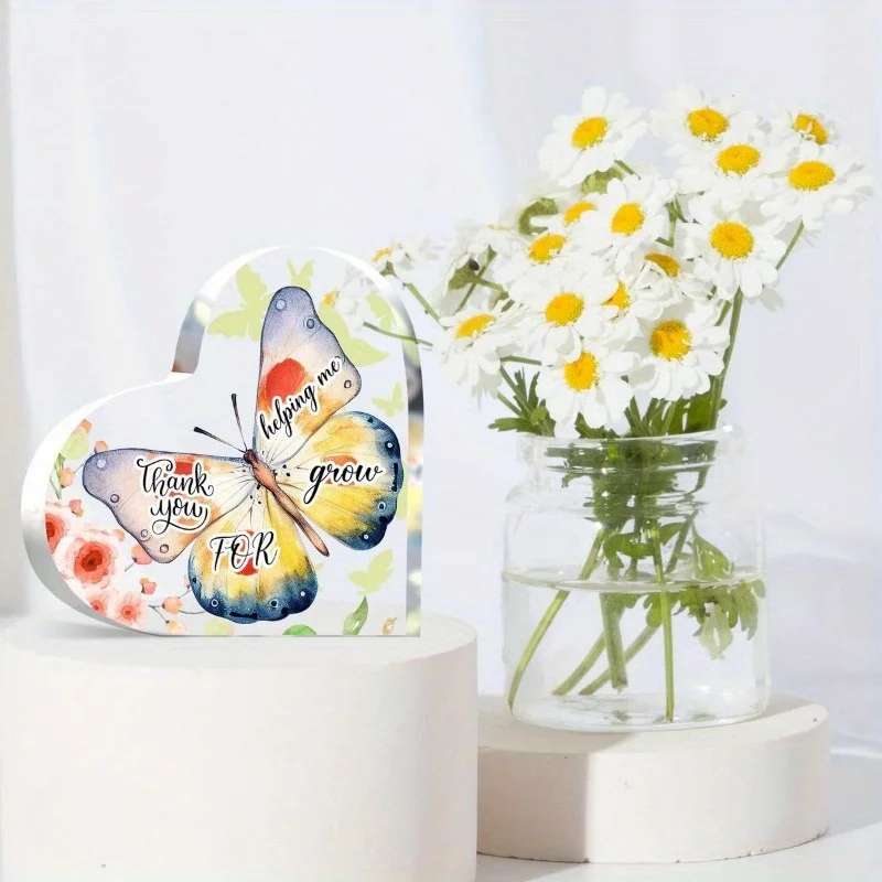 Thank You For Helping Me Grow Heart‑Shaped Acrylic Plaque Watercolor Butterfly Floral Desktop Thank‑You Gift