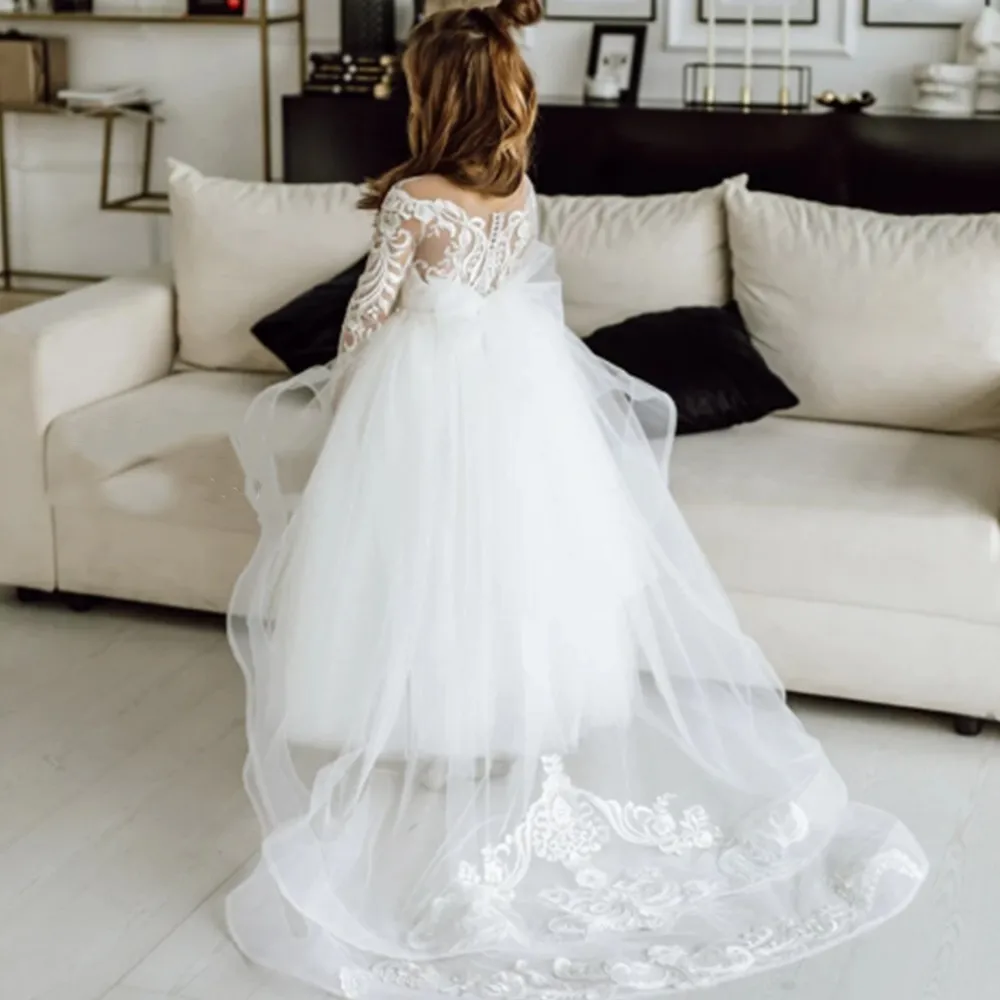 2024 Long Sleeve Girls Wedding Dress Lace Flower Girl Princess Wedding Party Dress Tulle Ball Gown Junior Bridesmaid Girls Dress