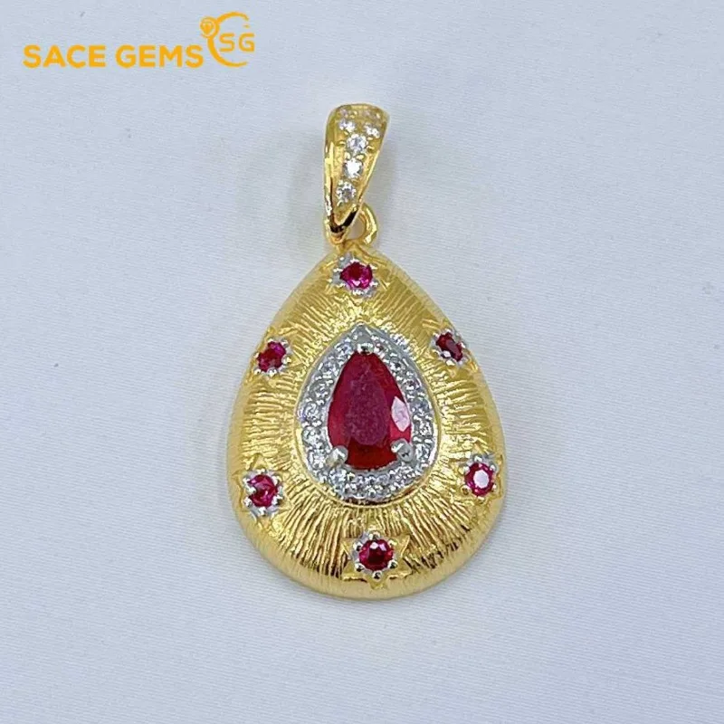 

SACE GEMS Certified 925 Sterling Silver Raw 4*6MM Natual Ruby Pendant Necklace for Women Engagement Cocktail Party Fine Jewelr