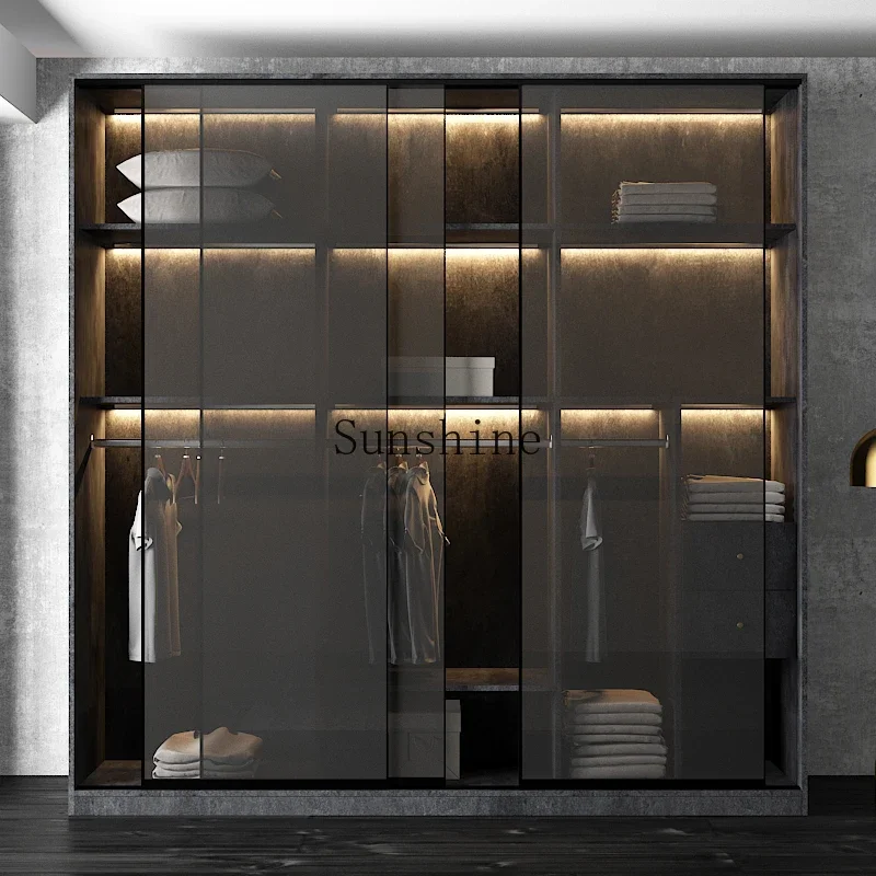 

Light luxury display glass door wardrobe bedroom home cloakroom solid wood sliding door sliding FT