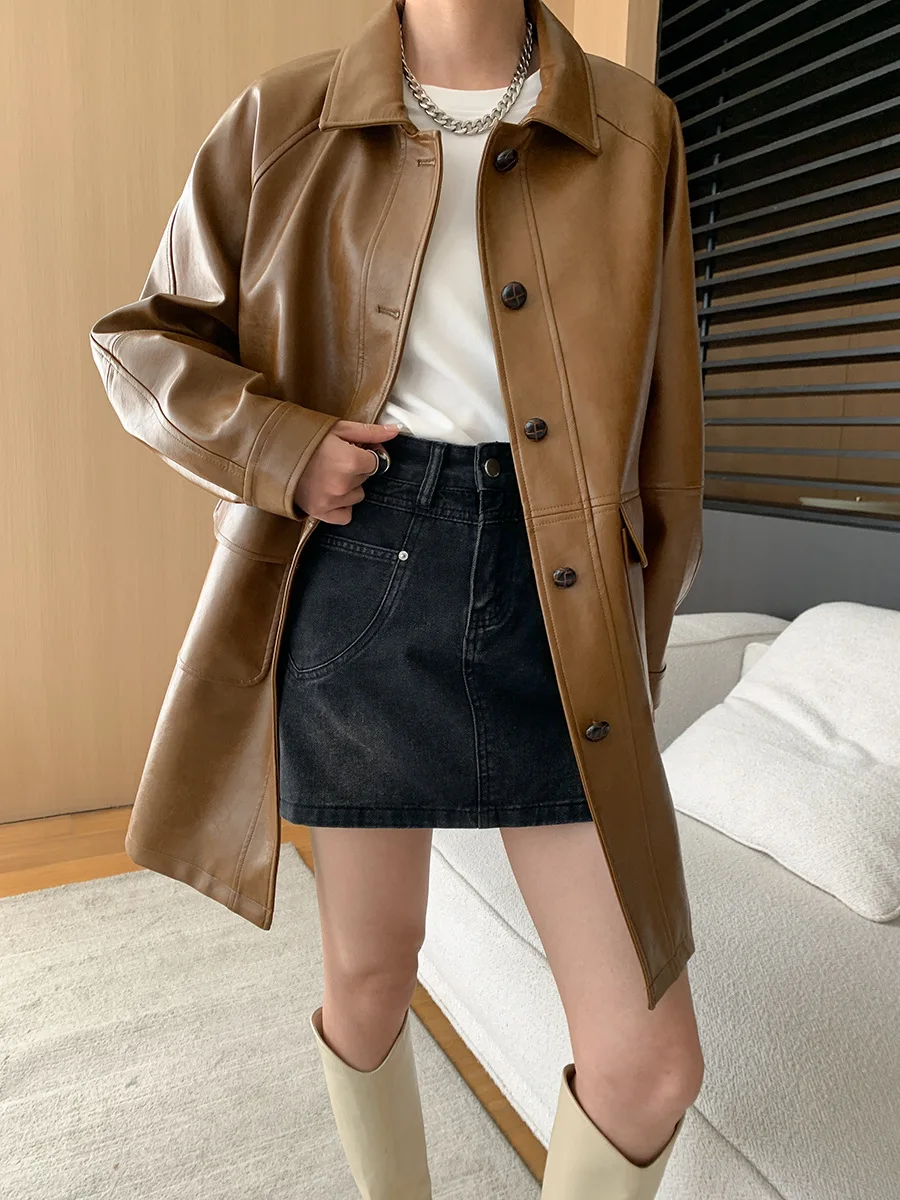 Autumn and winter women's casual solid color lapel long sleeved pocket decoration long jacket