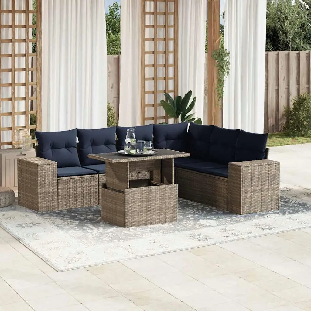 

7 Piece Gray Poly Rattan Patio Sofa Set with Cushions for Outdoor Garden Furniture