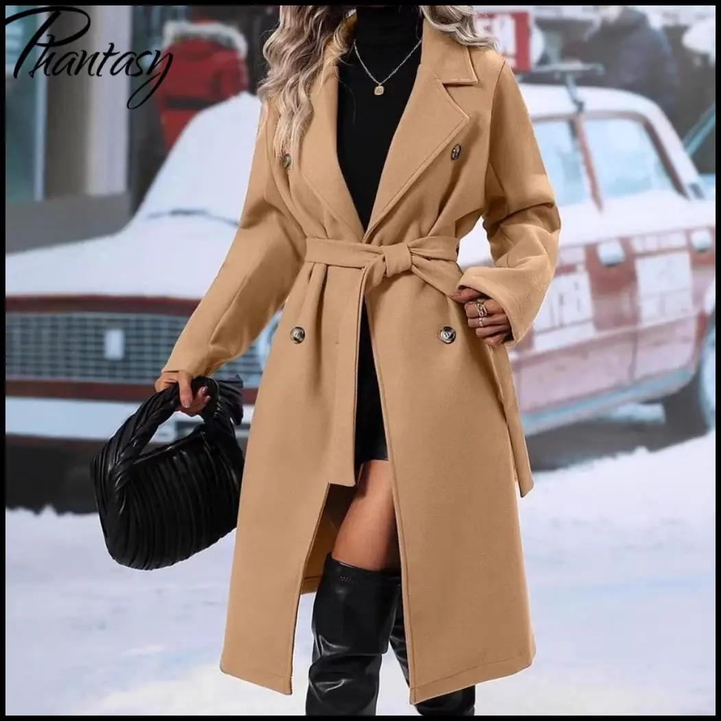 Women Elegant Kahki Wool Blend Long Coat Office Lady Lapel Double Breasted Belted Trench Coat Fashion Loose Mid Length Outerwear