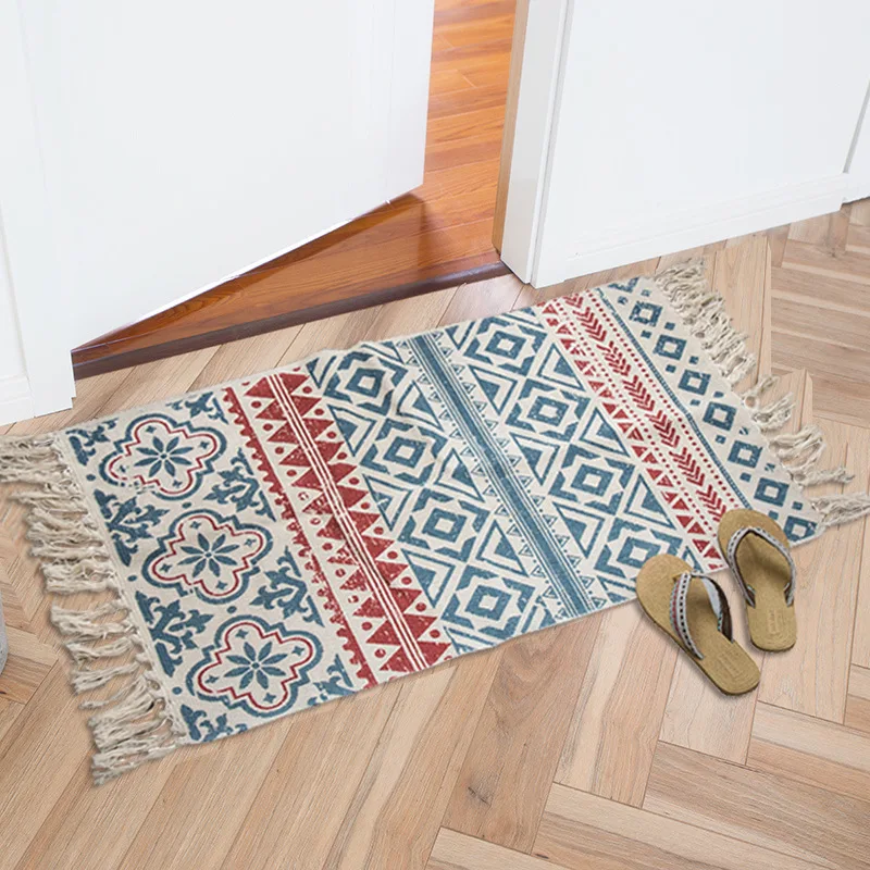 Nordic INS Boho Cotton Linen Tassel Rug Ethnic Wind Carpet Door Floor Rugs Foot Pad Door Bedroom Non-slip Mat Home Decorative