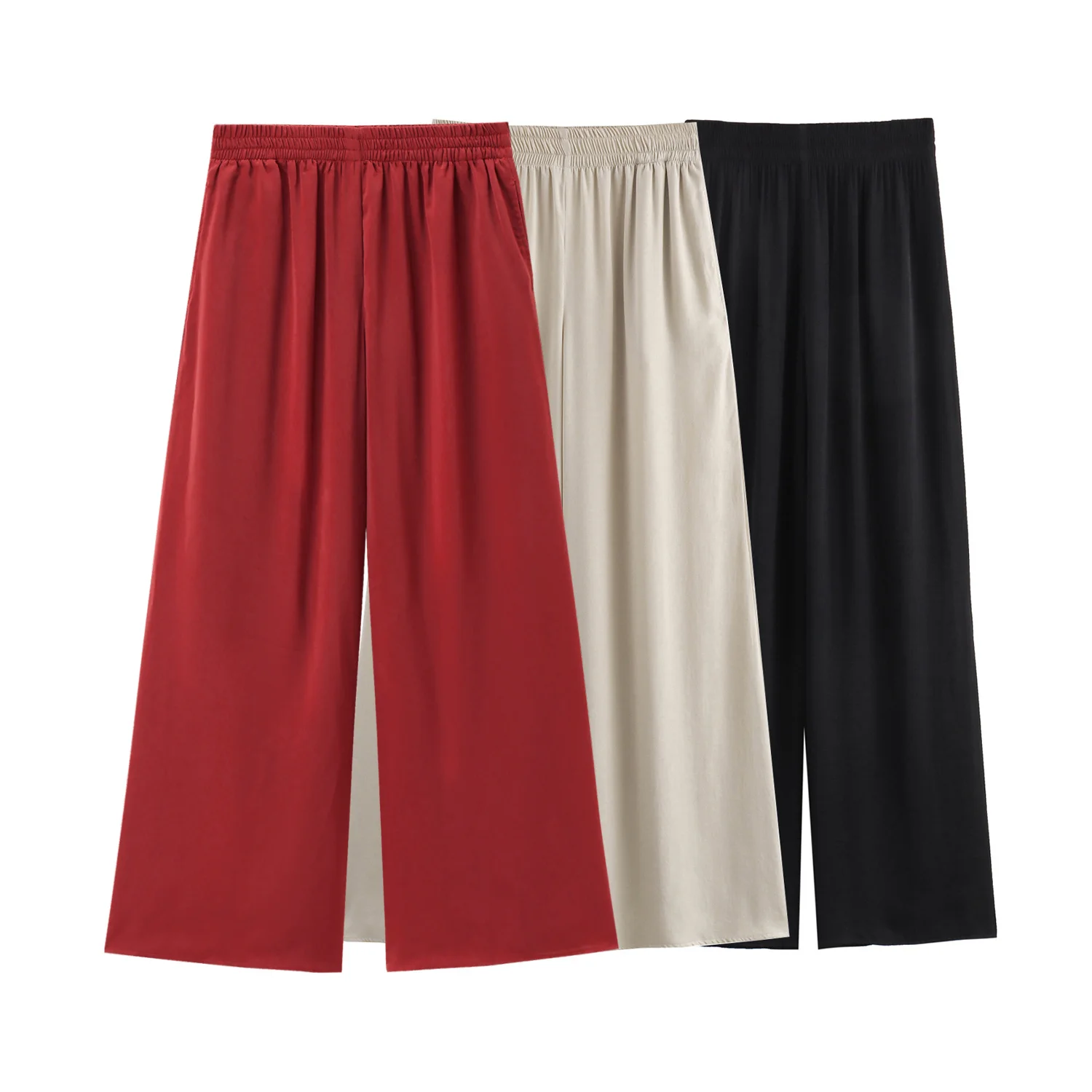 

TRAFZA Summer Holiday Women Fashion Solid Elastic Waist Wide Leg Pants Female Casual Slim Side Pockets Folds Decorate Trousers